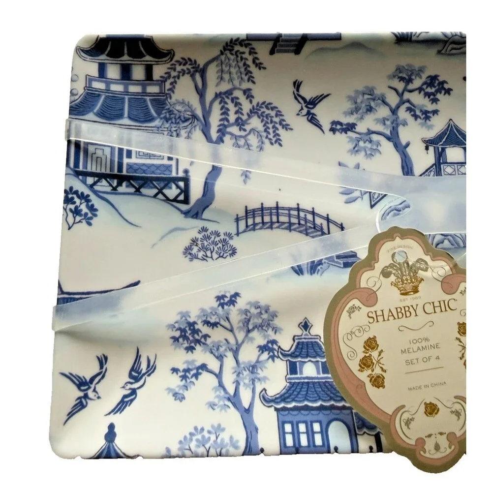 Shabby Chic Chinoiserie Blue Willow Appetizer Plates Melamine 8 x 5